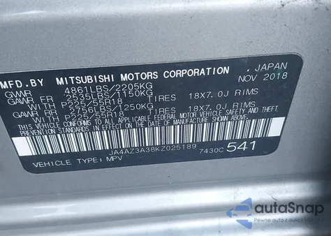 2019 Mitsubishi Outlander Le из США, поврежденный, VIN JA4AZ3A38KZ025189